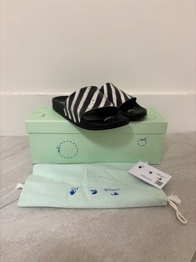 Off-White Black and White Diagonal Stripe Slide Sandals